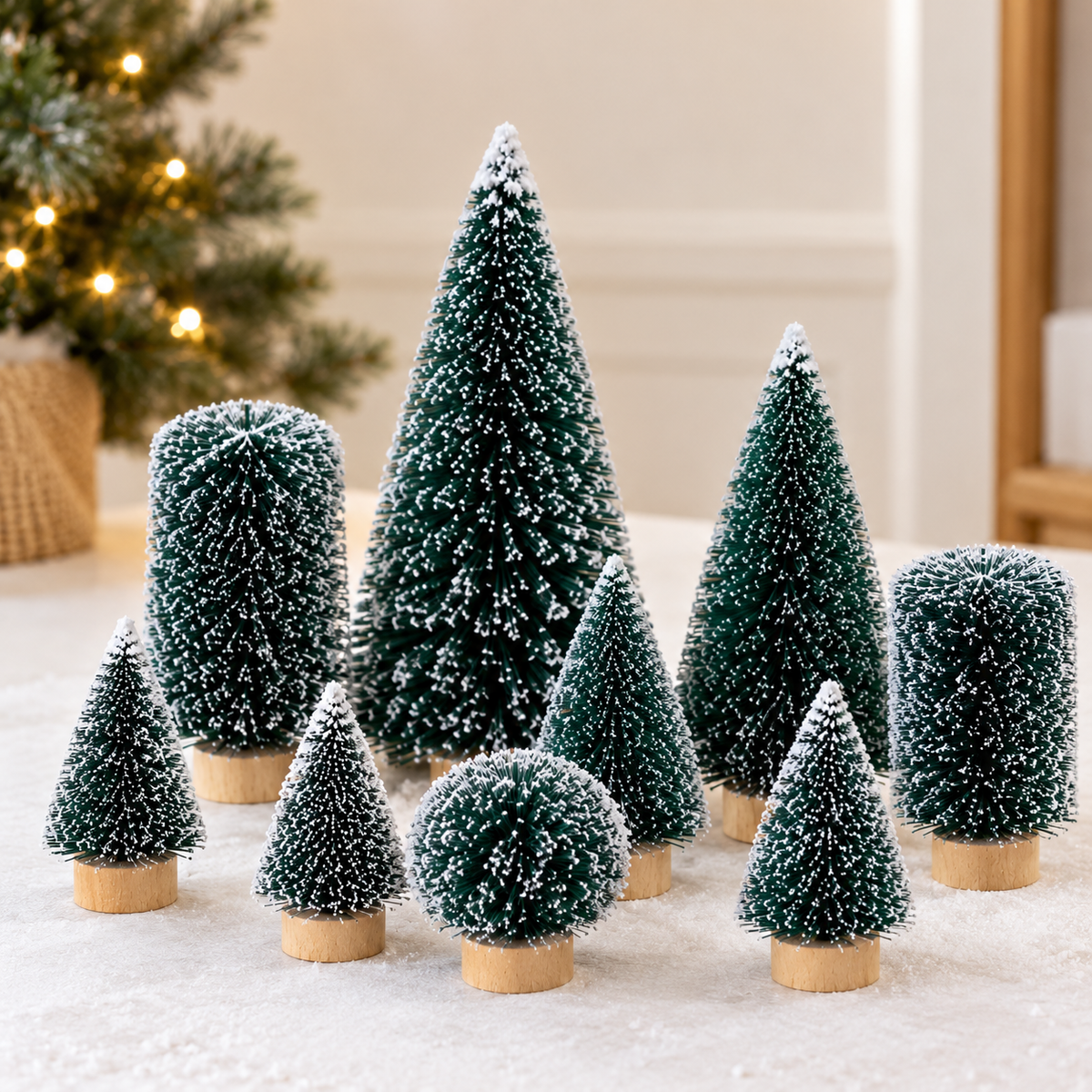 9Pcs Mini Christmas Trees Christmas Decor Artificial Christmas Decorations with 5 Sizes Christmas Tree Bottle Brush Trees Christmas Table Decorations (Conventional Ellipse Circle)