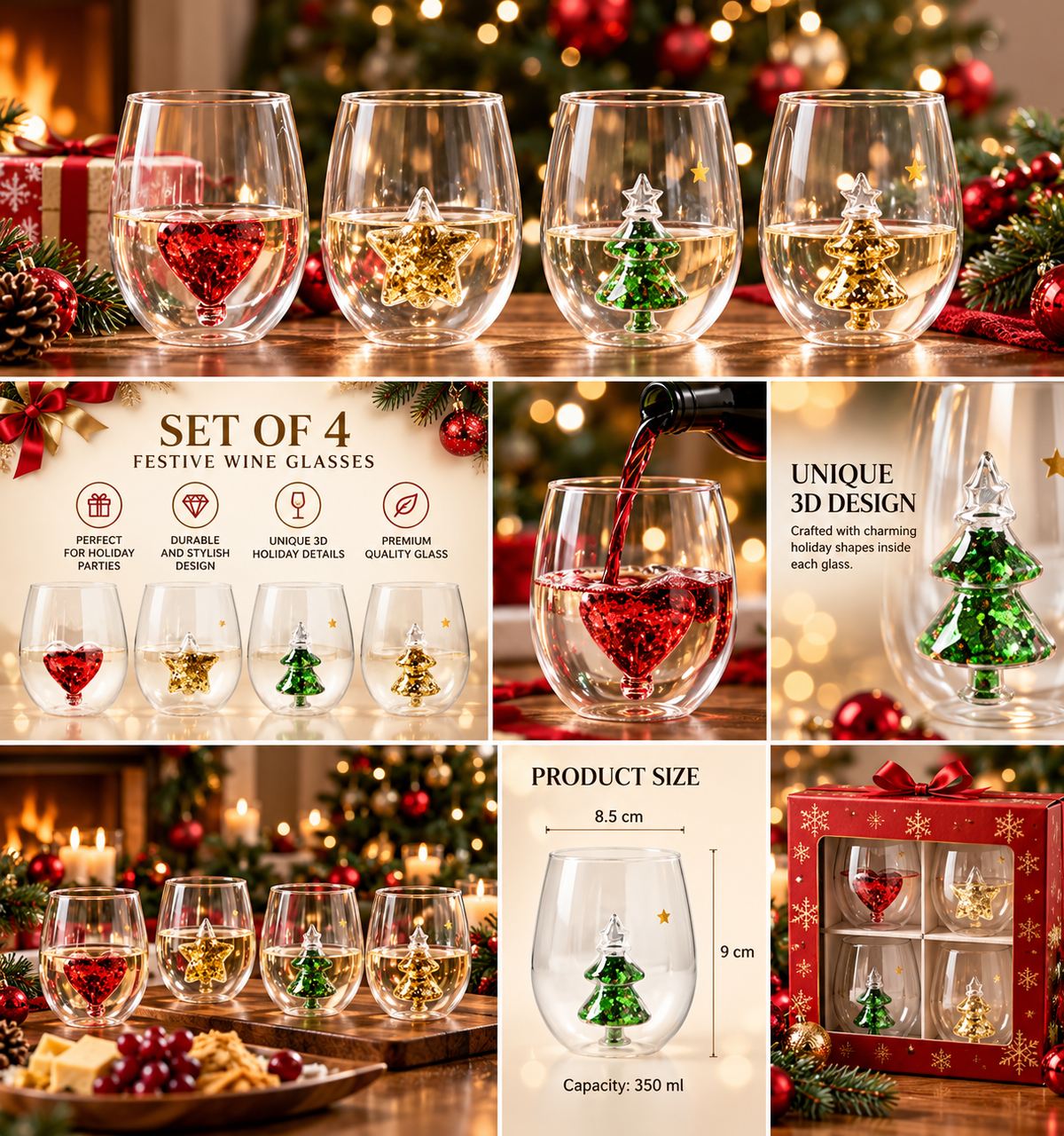 anwhist Yuletide Stemless Wine Glass 3D Wine Glass Cup with Christmas Tree Christmas Stemless Wine Glass Wine Glass Christmas Tree Green Glitter for Home Bar Christmas Party Juice Glass(4PCS)