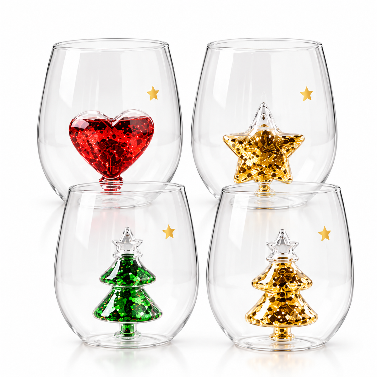 anwhist Yuletide Stemless Wine Glass 3D Wine Glass Cup with Christmas Tree Christmas Stemless Wine Glass Wine Glass Christmas Tree Green Glitter for Home Bar Christmas Party Juice Glass(4PCS)