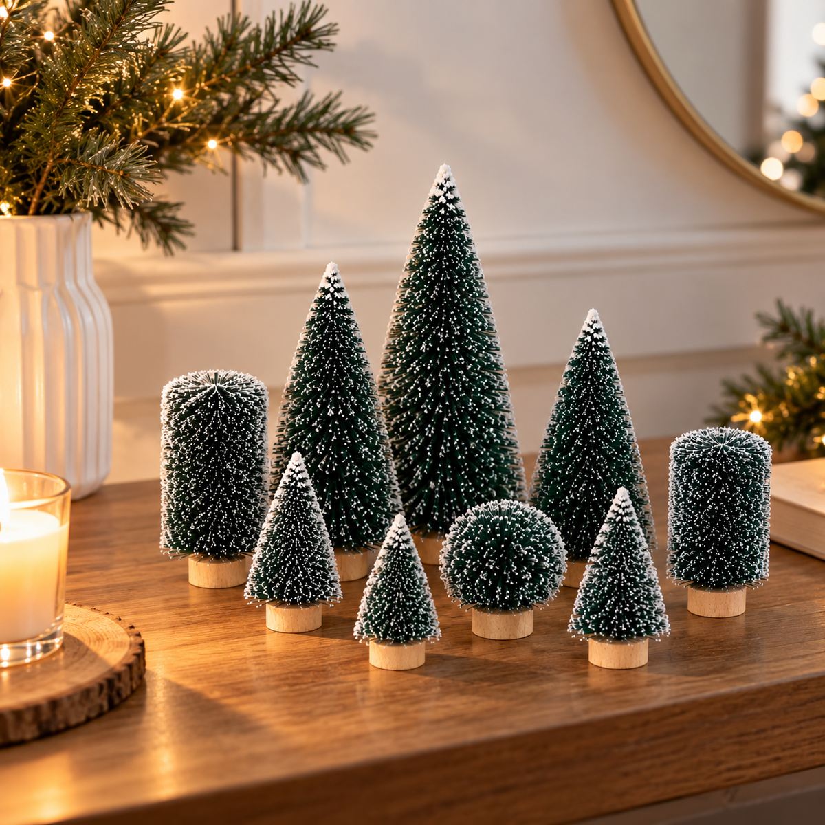 9Pcs Mini Christmas Trees Christmas Decor Artificial Christmas Decorations with 5 Sizes Christmas Tree Bottle Brush Trees Christmas Table Decorations (Conventional Ellipse Circle)