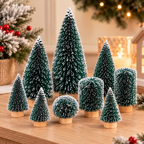 9Pcs Mini Christmas Trees Christmas Decor Artificial Christmas Decorations with 5 Sizes Christmas Tree Bottle Brush Trees Christmas Table Decorations (Conventional Ellipse Circle)