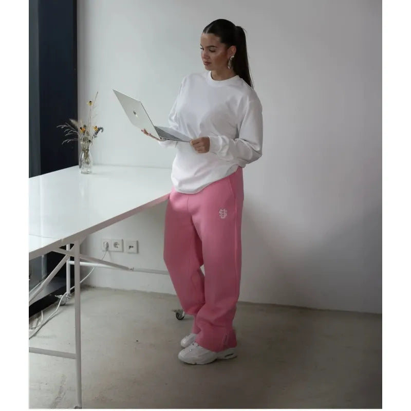 Stretch Rope Zipper Sweatpants Solid Color Casual
