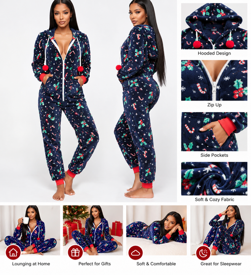 2020 Christmas Print Hooded Jumpsuit for Home Wear