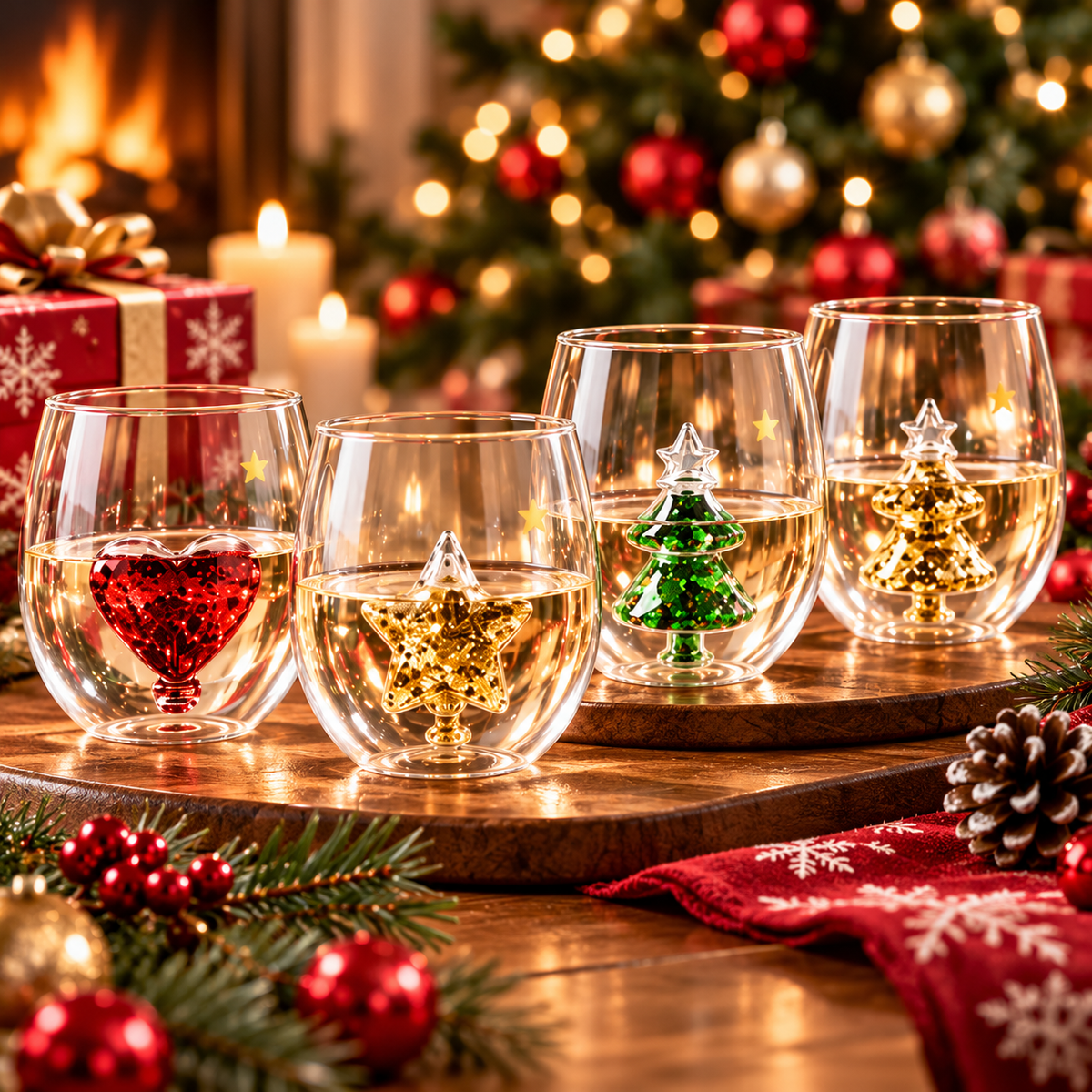 anwhist Yuletide Stemless Wine Glass 3D Wine Glass Cup with Christmas Tree Christmas Stemless Wine Glass Wine Glass Christmas Tree Green Glitter for Home Bar Christmas Party Juice Glass(4PCS)