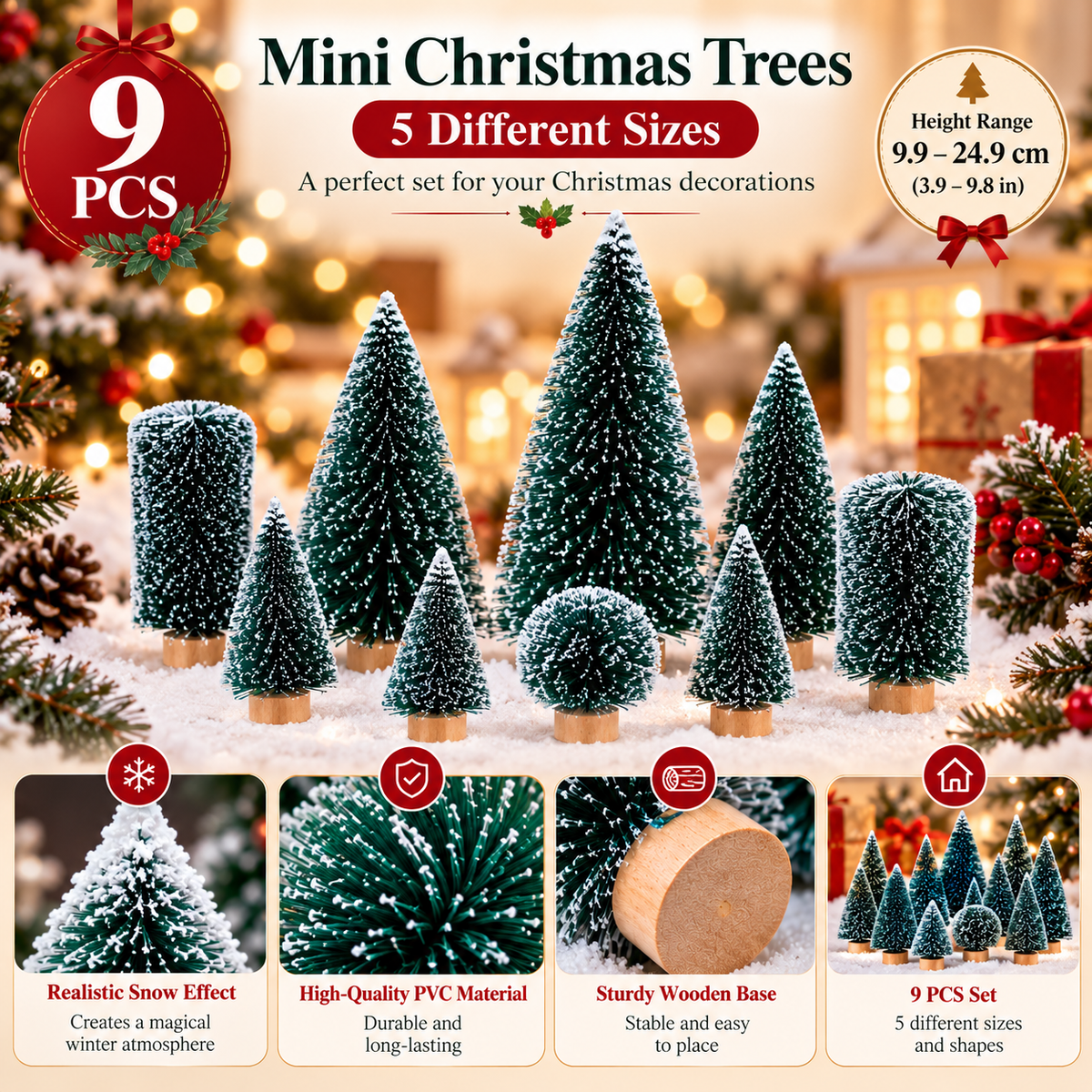 9Pcs Mini Christmas Trees Christmas Decor Artificial Christmas Decorations with 5 Sizes Christmas Tree Bottle Brush Trees Christmas Table Decorations (Conventional Ellipse Circle)