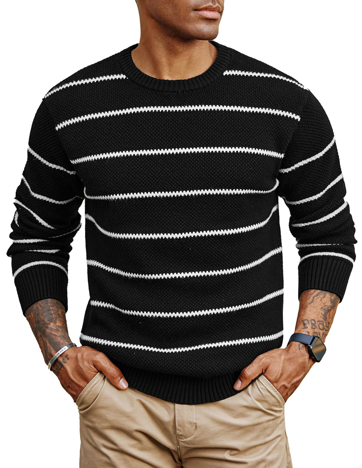 PJ PAUL JONES Mens Sweaters Causal Crew Neck Pullover Stretch Striped Sweaters Pullovers Black