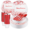 LIYH 150 PCS Plastic Christmas Plates - Disposable Christmas Tree Dinnerware Set Holiday Party Decorations Included 25 Red Dinner Plates 25 Dessert Plates Red Plastic Silverware for 25 GuestsRed